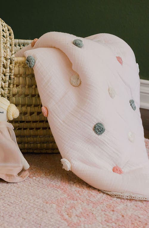 Crane Baby Pompom Cotton Muslin Baby Blanket In Pink/white