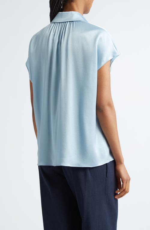 Shop Vince Cap Sleeve Gathered Back Short Sleeve Silk Button-up Shirt In Pacific Mist