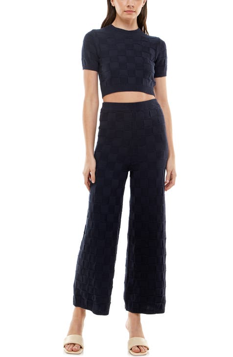 Textured Check Cotton Knit Crop Pants