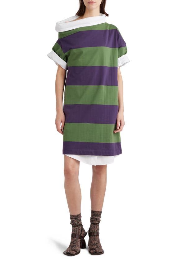 Dries Van Noten Rugby Stripe Asymmetric Short Sleeve Sweatshirt Dress In Dark Purple