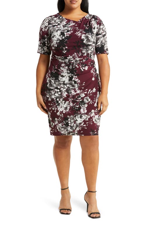 Connected Apparel Floral Faux Wrap Dress in Burgundy