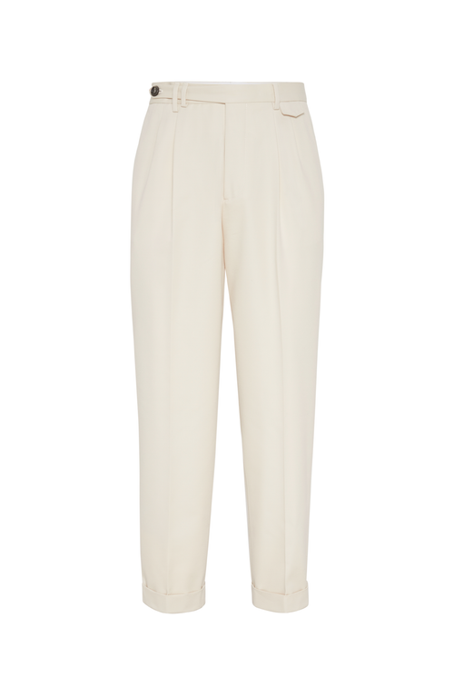 Shop Brunello Cucinelli Cotton And Virgin Wool Gabardine Leisure Fit Trousers With Double Pleats And Tabb In Off-white