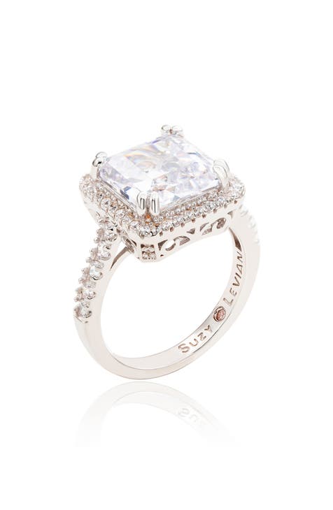 Sterling Silver Asscher Cut Cubic Zirconia Halo Ring