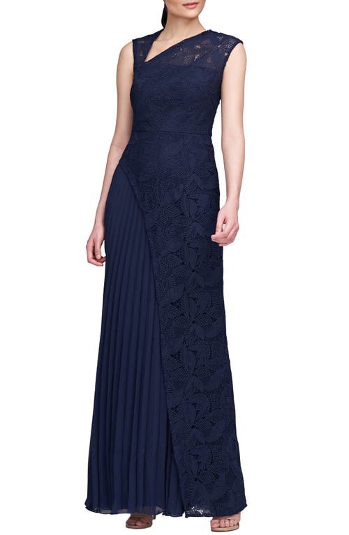 Kay Unger Dianna Lace Pleated Gown In Black
