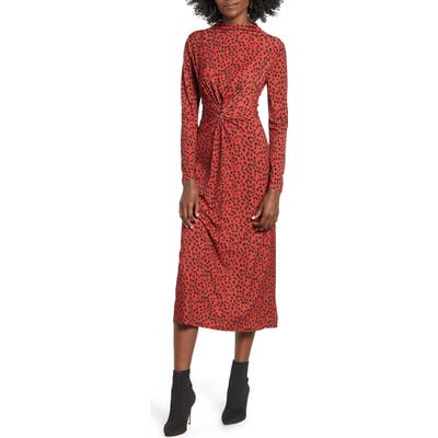 Wayf Prudence Twist Front Long Sleeve Midi Dress, Red