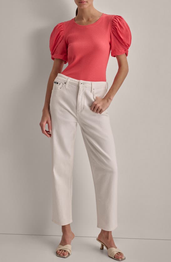 Shop Dkny Twist Sleeve Rib Top In Beach Coral