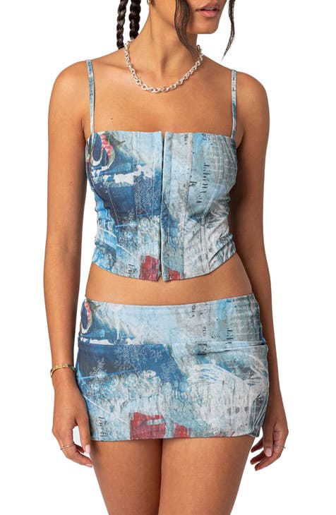 Kyo The Brand vinyl bandeau belt detail corset top in petrol blue