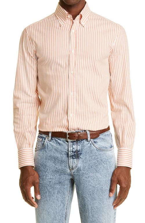 Brunello Cucinelli Basic Fit Stripe Stretch Cotton Blend Button-Down Shirt in White/Orange