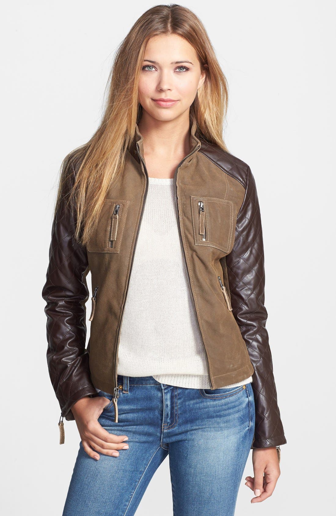 Laundry by Design Contrast Sleeve Distressed Leather Jacket Nordstrom