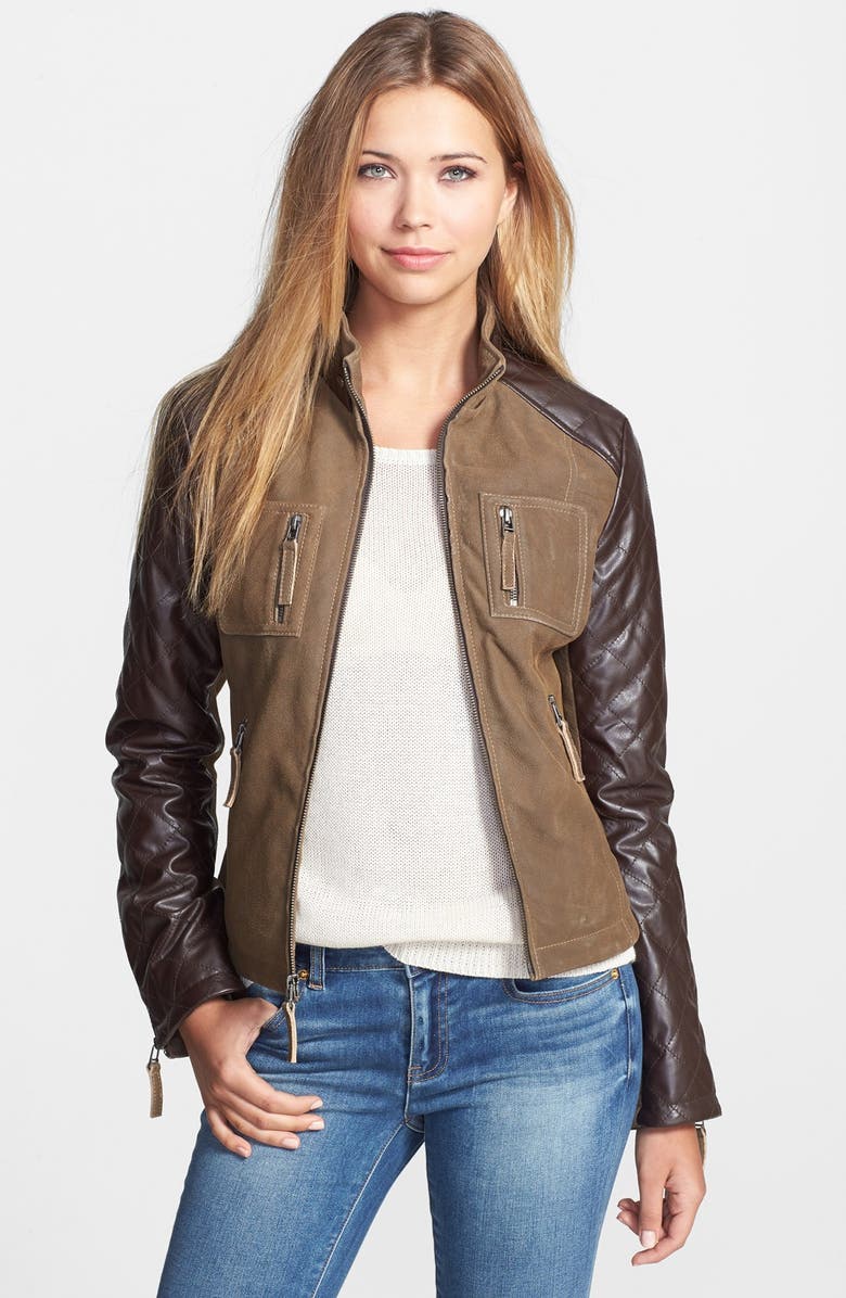 Laundry by Design Contrast Sleeve Distressed Leather Jacket | Nordstrom