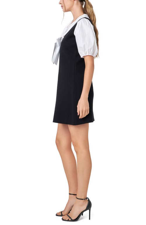 ENGLISH FACTORY ENGLISH FACTORY BOW TIE PUFF SLEEVE MIXED MEDIA MINIDRESS 