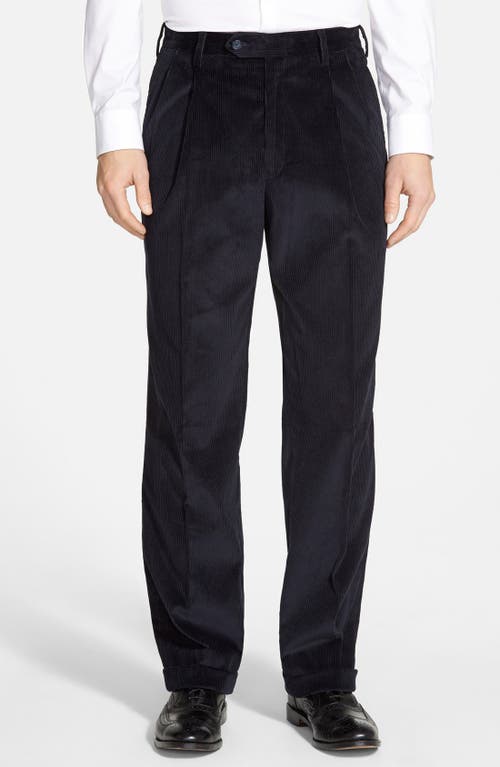 Berle Pleated Classic Fit Corduroy Trousers in Navy