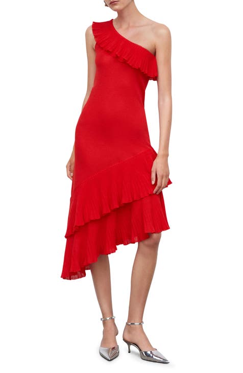 Belle Badgley Mischka Bailey One Shoulder Long Sleeve Tie Waist Ruffle  High-Low Asymmetrical Hemline Midi Dress