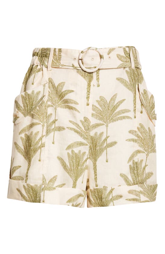 Shop Reiss Cali Palm Print Belted Linen Shorts In Neutral