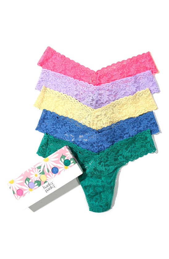 Hanky Panky Assorted 5-pack Lace Low Rise Thongs In Sizzle Pink/hyacinth/buttercup