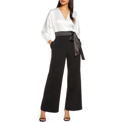 Eliza J Long Sleeve V-Neck Satin Bodice Jumpsuit, Black