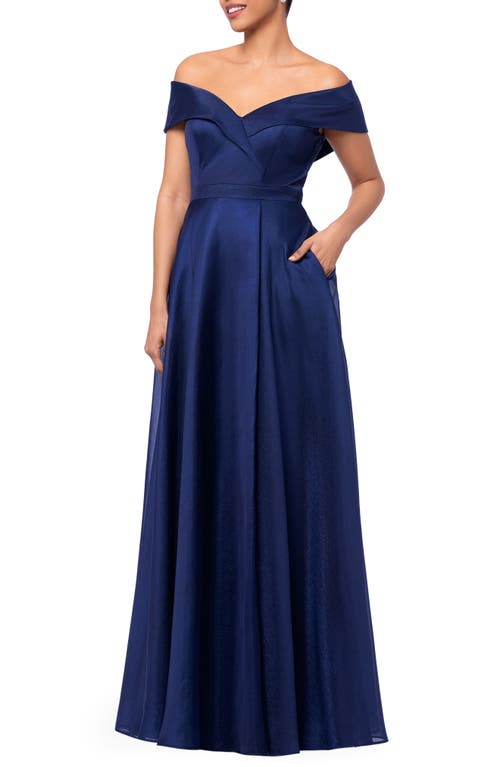 Shop Xscape Evenings Off The Shoulder Organza Gown In Navy