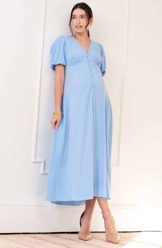 Seraphine Puff Sleeve Button-up Maternity Midi Dress In Blue