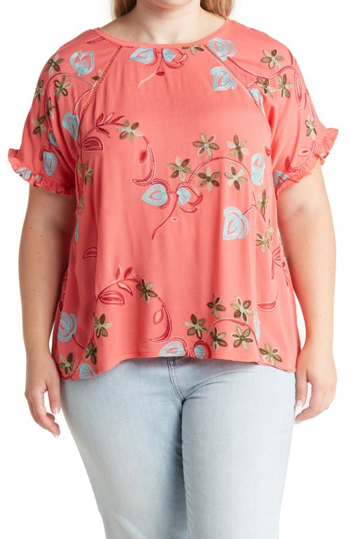 Shop Forgotten Grace Embroidered Short Sleeve Blouse In Coral/white