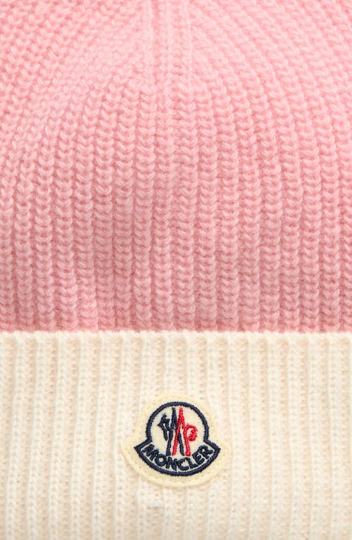 Moncler Logo Patch Colorblock Rib Wool Beanie In Rose Pink