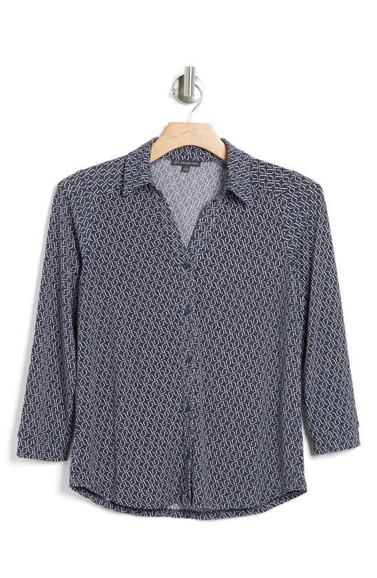 Adrianna Papell Moss Crepe Button Front Shirt In Oxford Blue Chain Geo