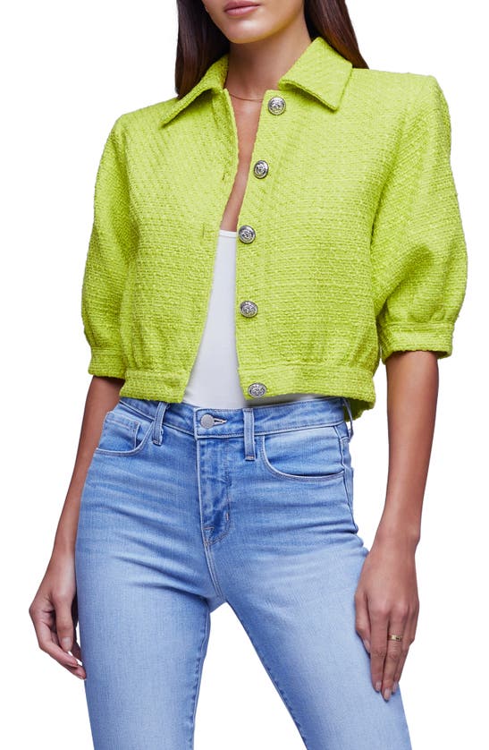 L Agence Cove Cropped Short-sleeve Tweed Jacket In Lime