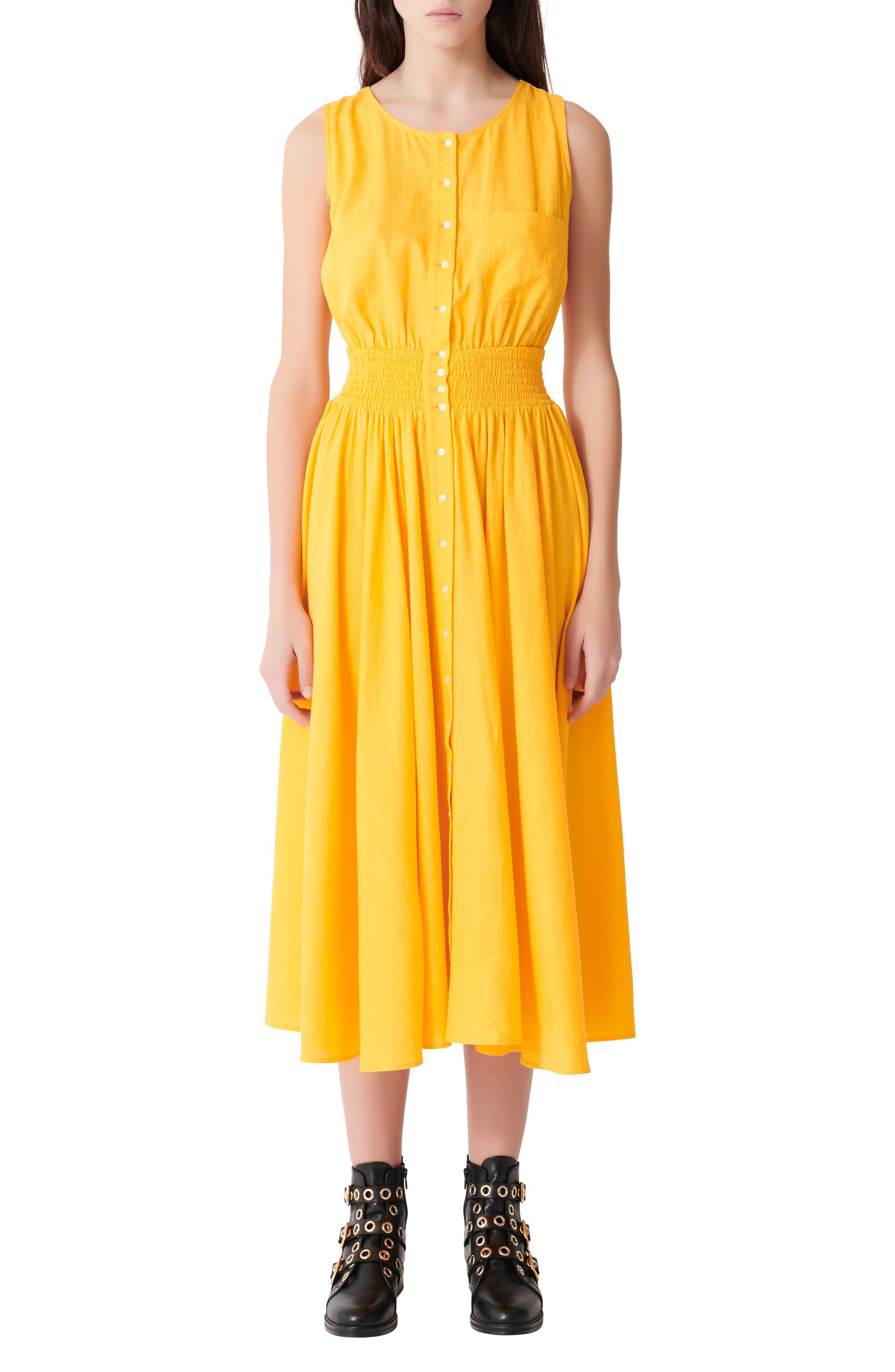 yellow linen midi dress