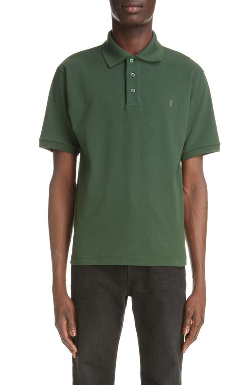 Saint Laurent Embroidered Monogram Cotton Blend Polo in Vert Fonce