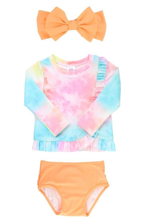 Rufflebutts Kids' Tie Dye Long Sleeve Two-piece Rashguard Swimsuit & Headband Set In Blue/pink Tie Dye