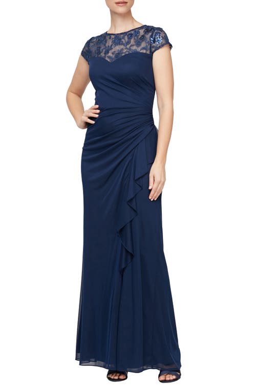 Alex Evenings Sequin Floral Mixed Media A-Line Gown Navy at Nordstrom,
