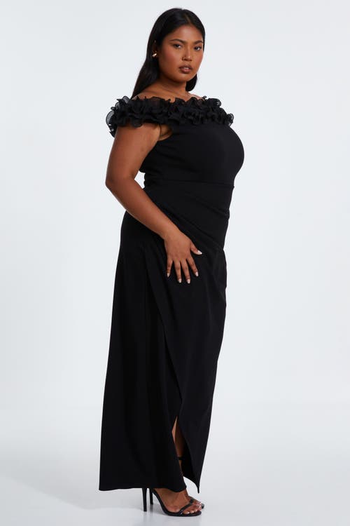 Quiz Plus Size Scuba Crepe Ruffle Bardot Maxi Dress In Black