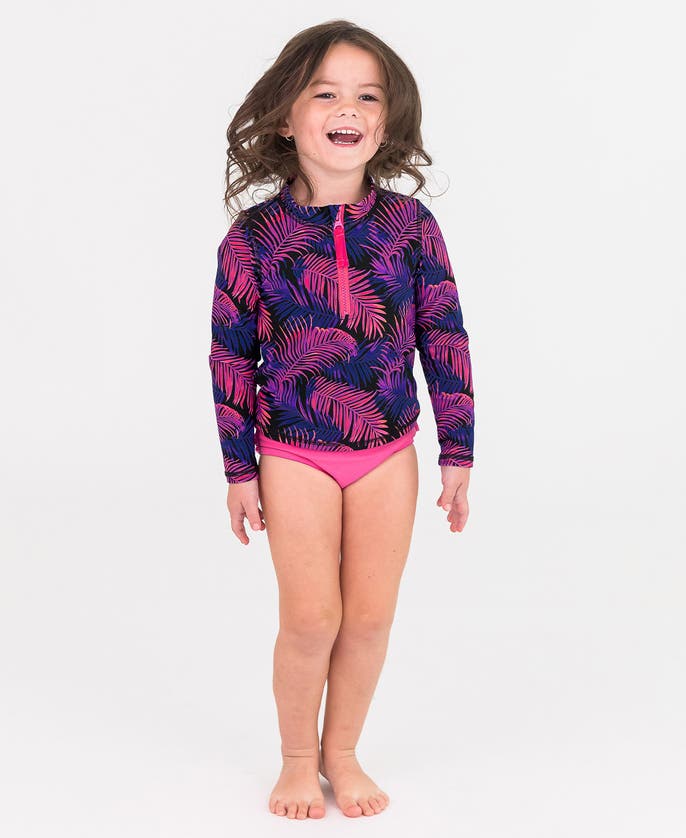 RUFFLEBUTTS RUFFLEBUTTS GIRLS UPF50+ LONG SLEEVE ZIPPER RASH GUARD 2-PIECE