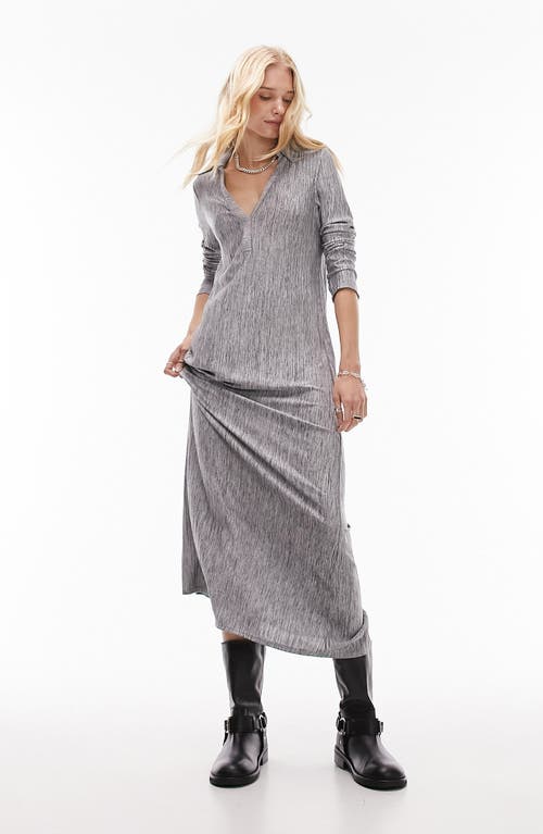 Split Neck Long Sleeve Midi Dress in Grey