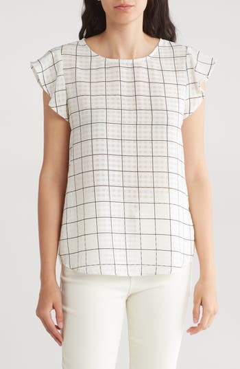 Shop Adrianna Papell Print Flutter Sleeve Top In Ivory/black Simple Panel