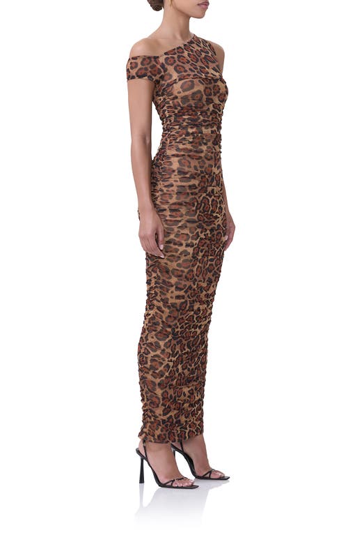 Shop Afrm Biona One-shoulder Ruched Mesh Maxi Dress In Cocoa Leopard