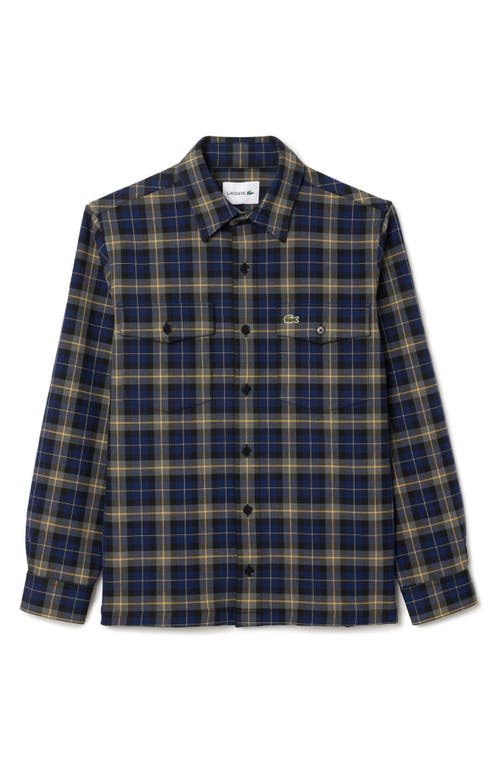 Shop Lacoste Oversize Plaid Flannel Button-up Overshirt In Navy Blue/multico