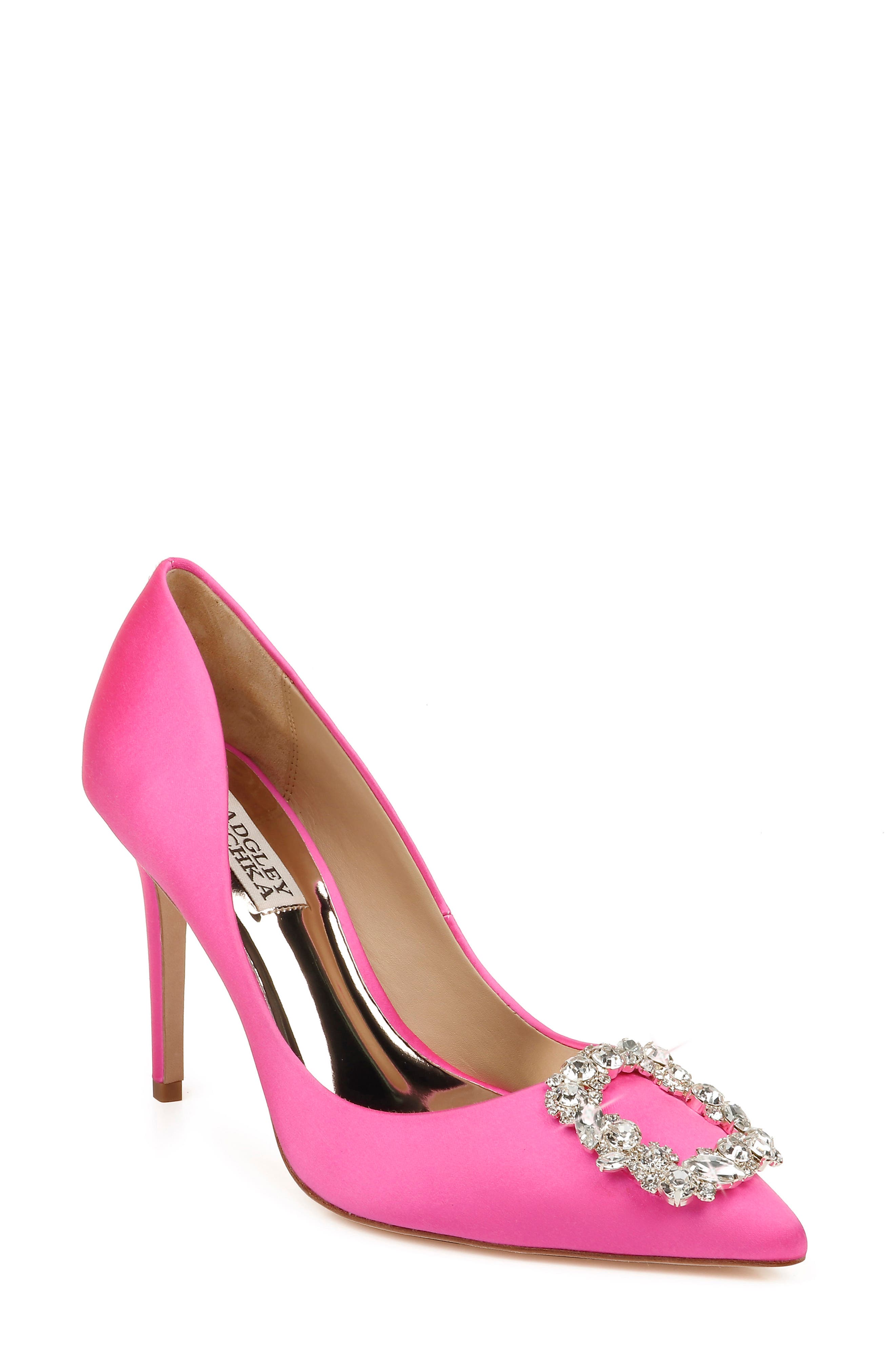 Badgley Mischka Collection Cher Crystal Embellished Pump in Hot Pink Satin