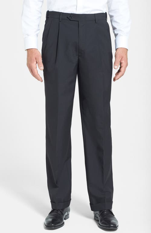 Berle Self Sizer Waist Pleated Lightweight Plain Weave Classic Fit Trousers in Black