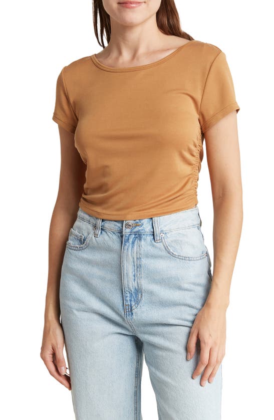 Love By Design Tashia Ruched Side Crop T-shirt In Tan