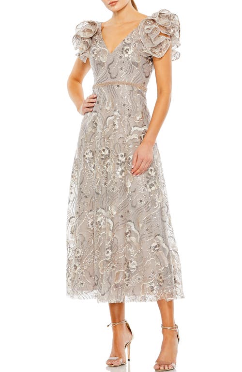Mac Duggal Beaded Floral Ruffle Sleeve A-Line Dress Champagne at Nordstrom,
