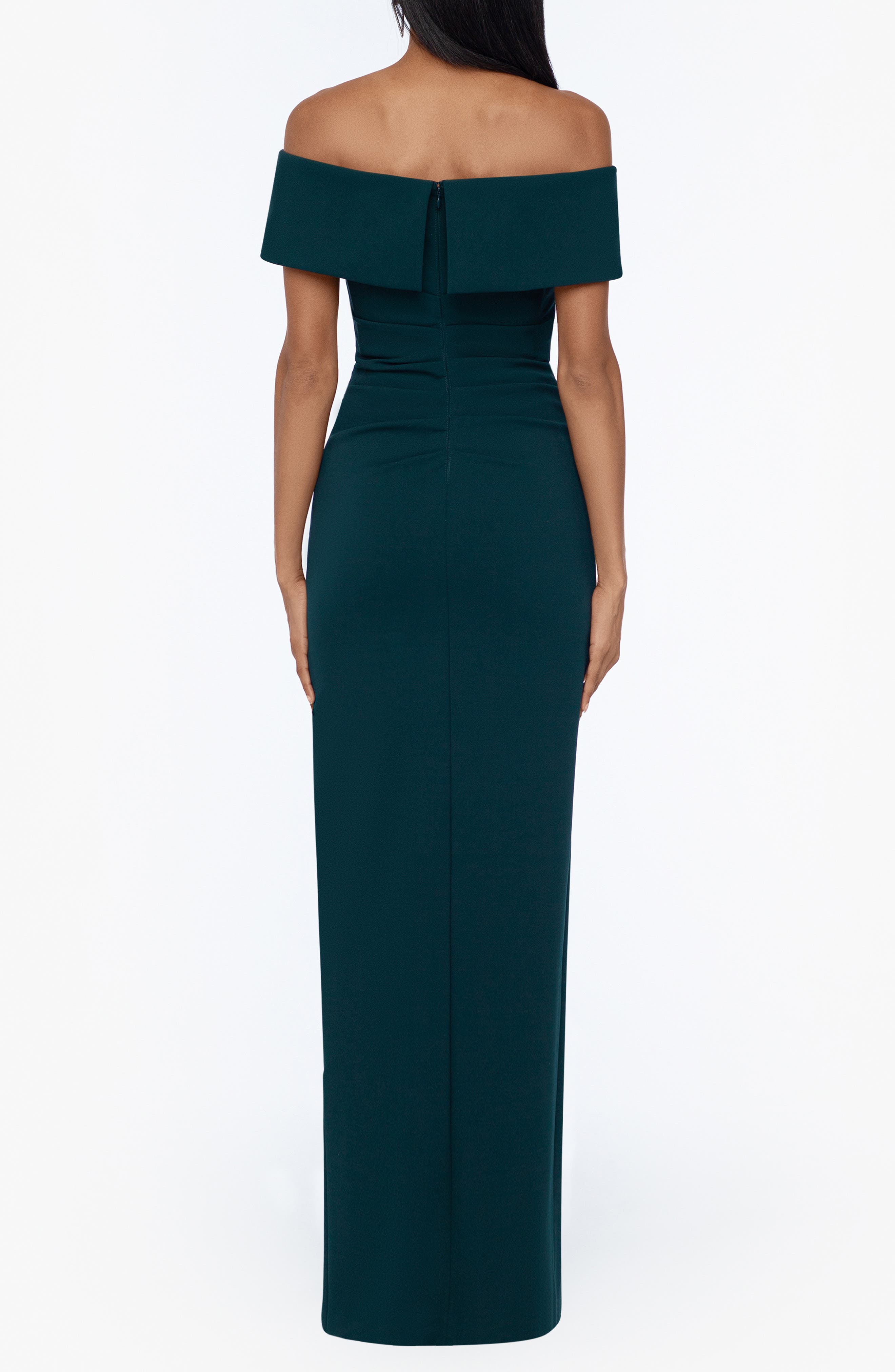 Xscape Evenings Xscape Off the Shoulder Crepe Evening Gown in Pine | Smart  Closet