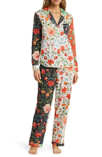 Shop Desmond & Dempsey Long Sleeve Cotton Pajamas In Persephone Black/multi