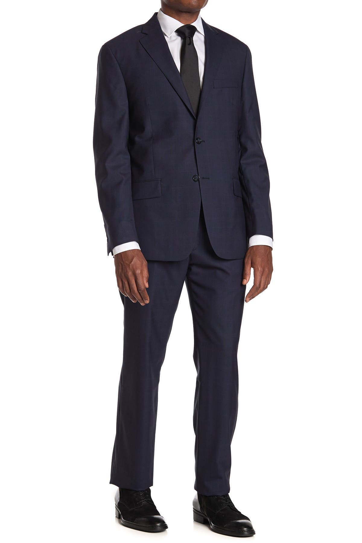 HART SCHAFFNER MARX NAVY RED WINDOWPANE NEW YORK TWO BUTTON NOTCH LAPEL NEW YORK FIT SUIT,887096720476
