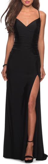 La femme cross 2025 back satin jersey gown