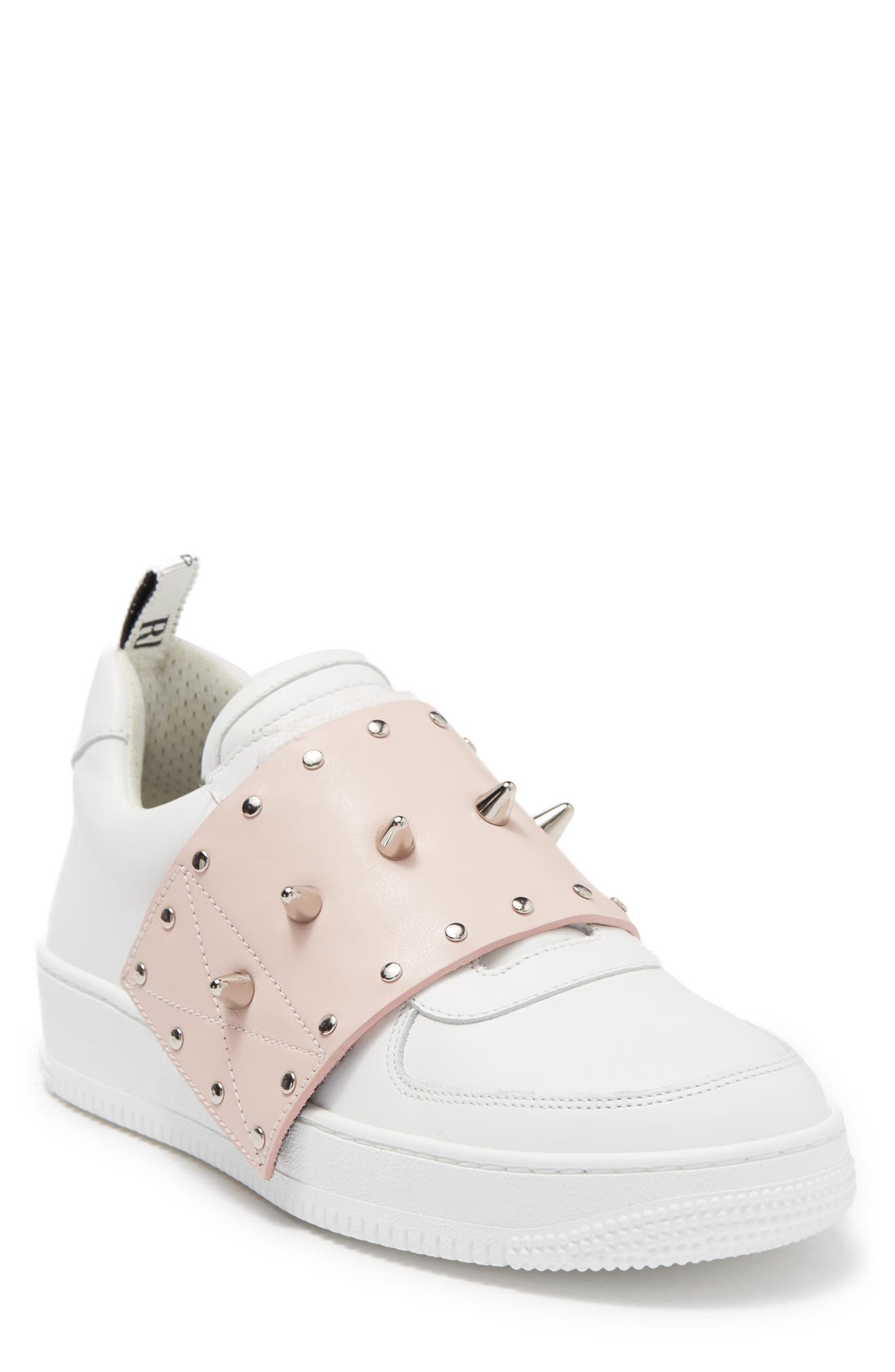 Red Studded Overlay Leather Sneaker In Petal |