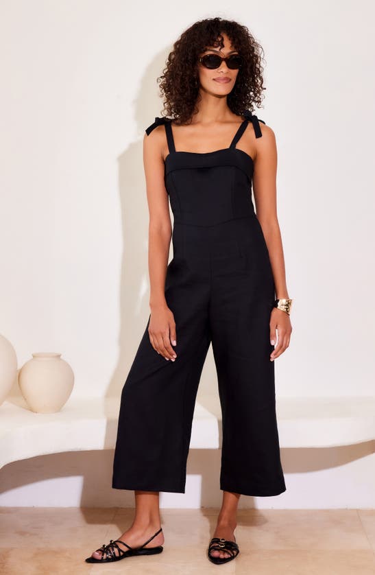 Shop Fifteen Twenty Paloma Tie Strap Wide Leg Crop Linen Jumpsuit In Black