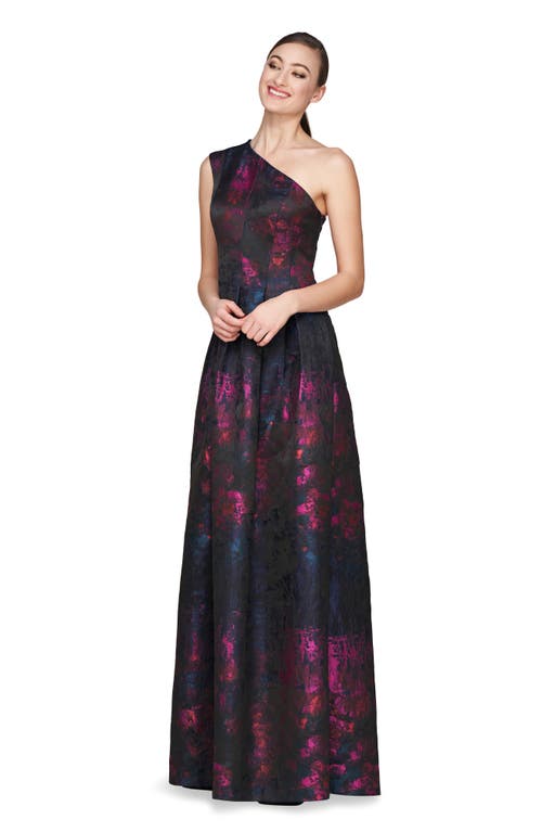 Shop Kay Unger Cara One-shoulder Gown In Dark Ink/cerise