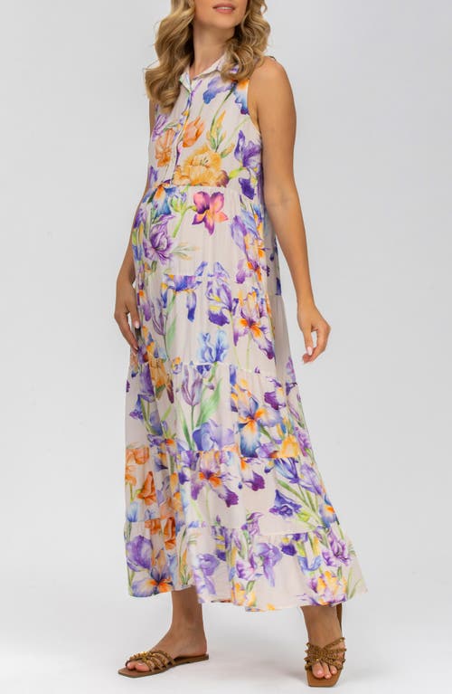 Shop Pietro Brunelli Floral Print Button-up Sleeveless Maxi Maternity Dress In Light/pastel Purple