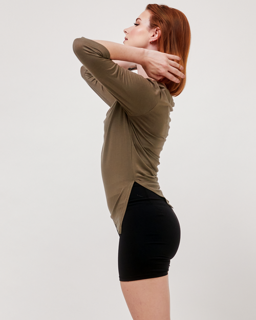 Rebody Active Anen Side Tie 3/4 Sleeve Top In Army Sage