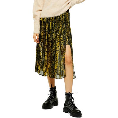 Topshop Animal Print Pleated Chiffon Skirt, US - Yellow